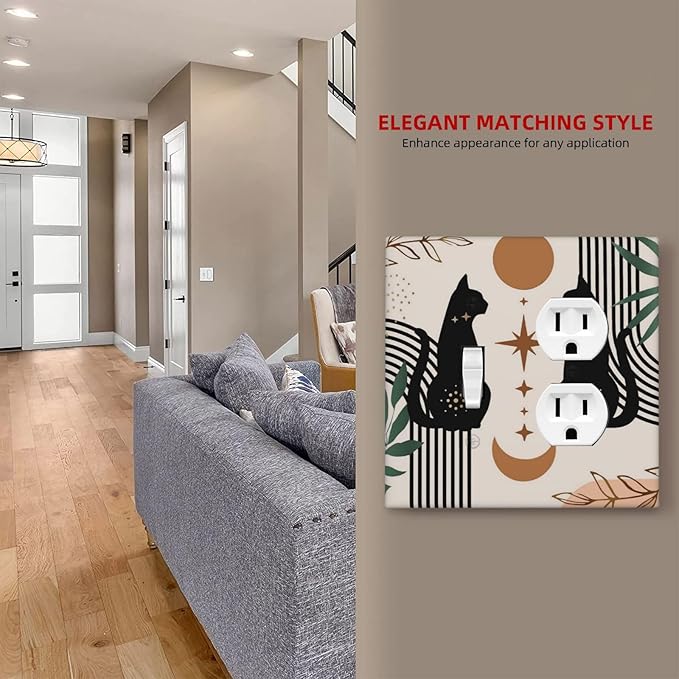 70s Mid Century Boho Abstract Cat 2 Gang 1 Toggle/Duplex Combo Outlet Light Switch Cover Wall Plate Electrical Faceplate Decorative Dual Device Switchplate