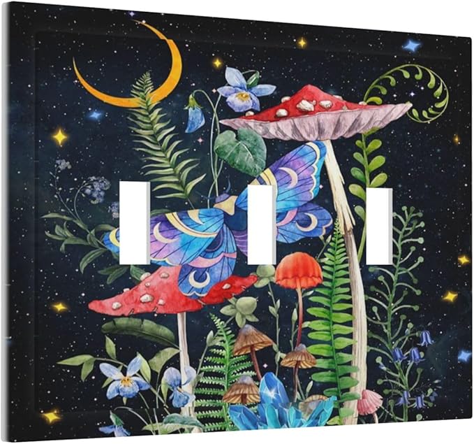 Hippie Mushroom Boho Starry Moon Night Stars Butterfly Vintage Floral Triple Toggle Decorator Outlet Light Switch Wall Plate Cover Decorative 3 Gang Jumbo Size Three Device Receptacle Faceplate Cover