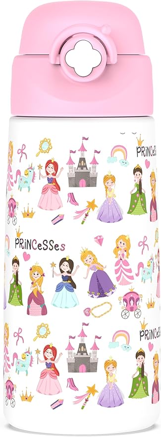 Girls Insulated Water Bottle with Covered Pop-Up Straw,16 oz Kids Cups with Stainless Steel Leak Proof for School Pink（Princess）