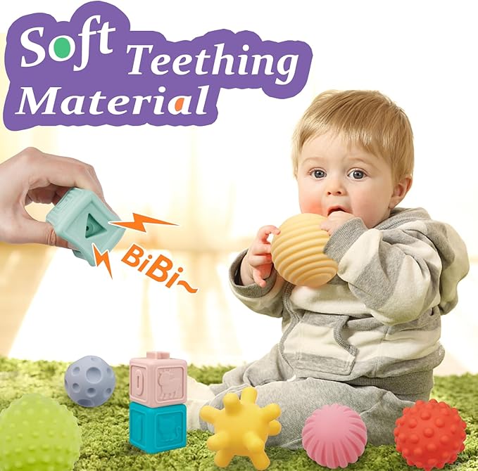 Montessori Baby Toys - Soft Baby Blocks, Stacking Rings & Sensory Balls, 24Pcs 3-in-1 Teething Toys Set for Babies 6-12 Months, Building Blocks Easter Birthday for Boys Girls