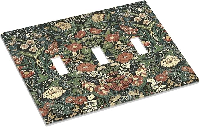 Decorative Switch Plates Vintage Dark Floral William Morris Green Flower 3 Gang Wall Plate Triple Toggle Light Switch Cover Faceplate Electrical Wall Panels for living Room Home Decor