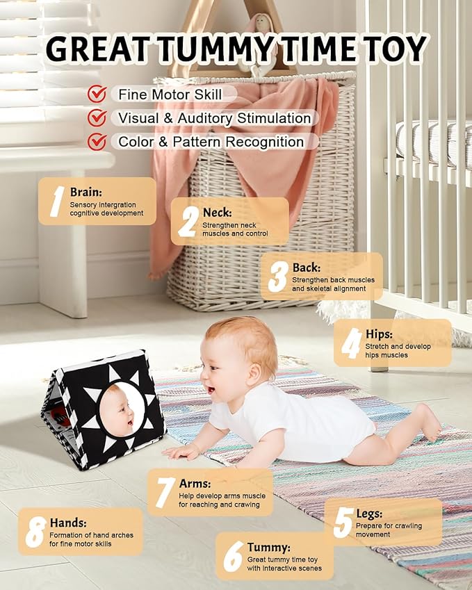 Tummy Time Toys, High Contrast Baby Book with Mirror & Teether, Black and White Infant Books, 0-6-12 Months Soft Book for Newborn, Sensory Books, Tummy Time Car Seat Toys 0-6 Month Boy Girl Gift