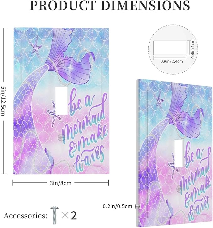 Colorful Girl Purple Pink Blue Fish Mermaid Scales Tail Quotes Undersea Ocean Theme 1 Gang Electrical Single Toggle Device Switch Wall Plate Jumbo Size Decorative Outlet Light Switch Cover Faceplate