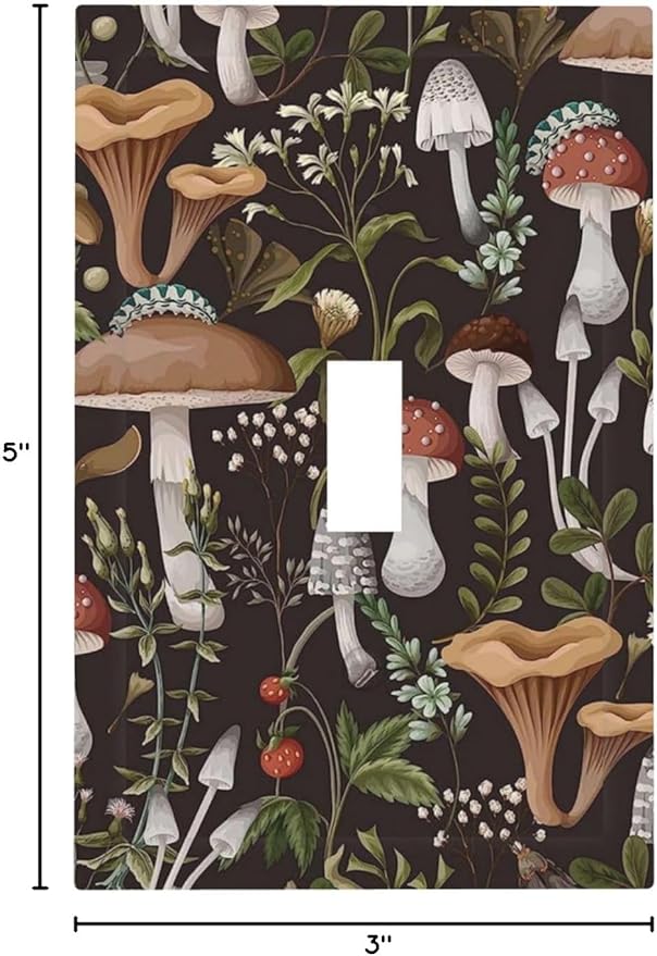 Black Retro Vintage 70s 60s Boho Hippie Mushroom Fungus 1 Gang Single Toggle Outlet Light Switch Wall Plate Outlet Cover Botanical Floral Plant Electrical Faceplate Decorative Switchplate