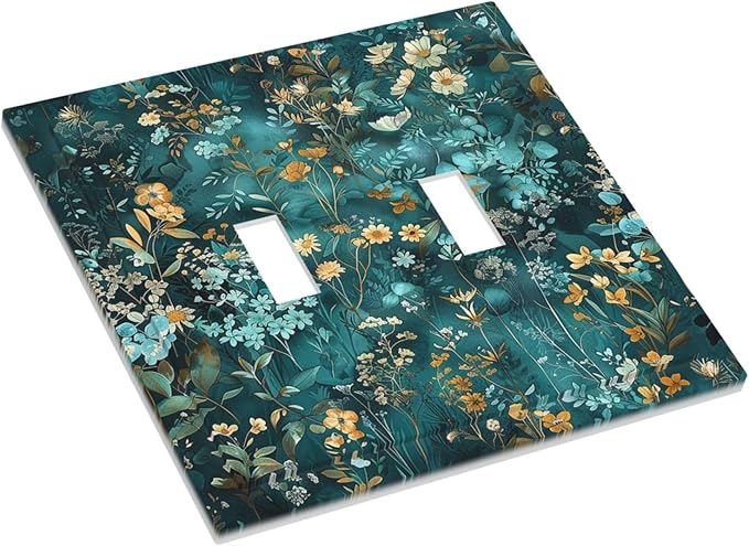 Decorative Switch Plates Green Leaf Floral Boho Golden Flower Plant 2 Gang Double Toggle Outlet Light Switch Cover Wall Plate Electrical Faceplate For Bed Room Cabin Decor