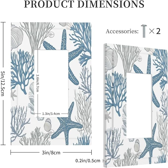 Blue Starfish Nautical Beach Conch Coastal Coral Shell Decorative Outlet Covers 1 Gang Single Rocker Light Switch Cover Plate Wall Plates Gfci Faceplate For Kids Room Bathroom Decor