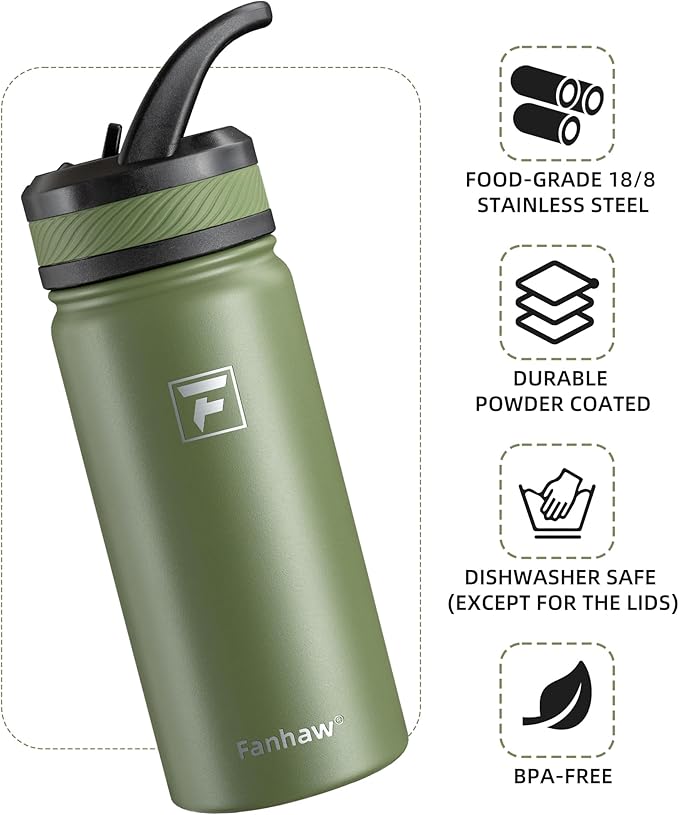 Fanhaw 18 Oz Kids Insulated Water Bottle with Straw Lid – Stainless Steel Double Wall Vacuum, Leak-Proof, BPA-Free Water Bottles for School Boys & Girls(Olive Green)