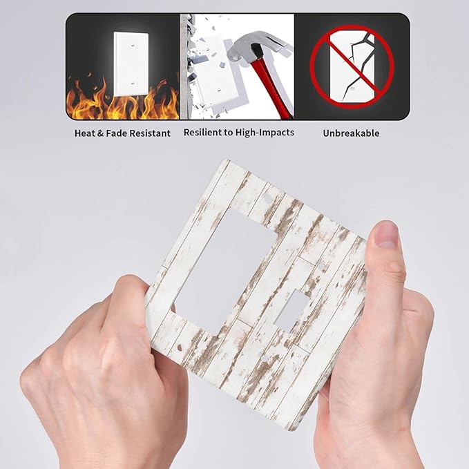 White Grey Wood 2 Gang Single Toggle/Rocker Combination Light Switch Cover Decorative Wall Plate Faceplate Boys Kids Teen Girl Bedroom Room Decorate 4.5" x 4.5