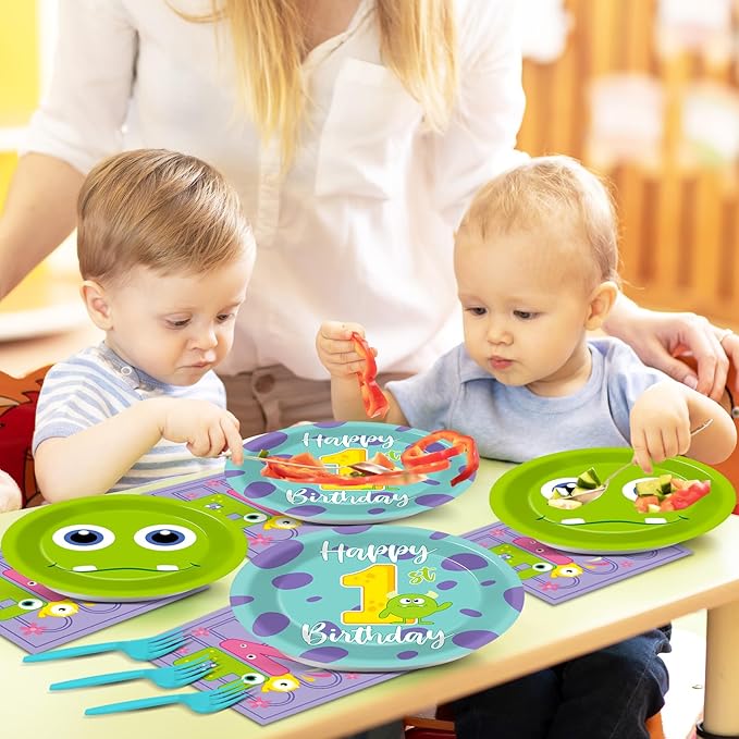 96Pcs Monster 1st Birthday Party Plates and Napkins Happy Monster 1st Theme Decor Monster Baby Shower Disposable Dessert Cake Plates One Year Old Tableware Set for First Birthday 24 Guests