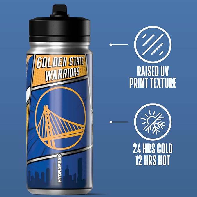 Hydrapeak x NBA Golden State Warriors 20 oz Stainless Steel Water Bottle, Officially Licensed Double Wall Insulated Sports Bottle with Straw Lid, Reusable Leakproof Gift for Kids & Adults