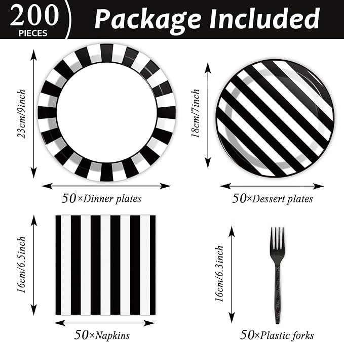 200pcs Black and White Party Plates Napkins Forks Striped Theme Party Tableware Set Black White Party Disposable Paper Dessert Dinnerware Kids Adults Wedding Party Baby Shower Decor Supplies Serves 50