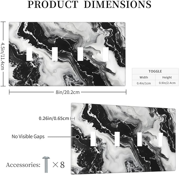 Ink Painting Marble Black White Abstract Luxurious Print Light Switch Covers Quad Toggle Electrical Faceplate 4 Gang Wall Plate Decorative Switch Plates Cover for Kitchen Office Decor