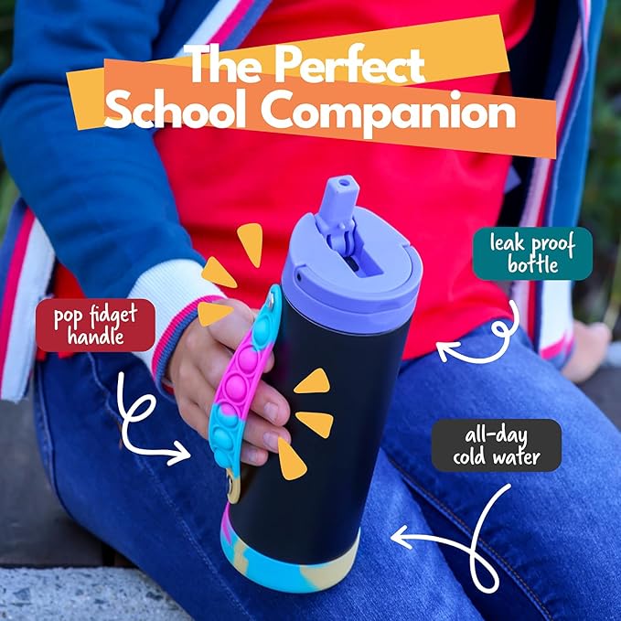 Elemental Iconic Kids Water Bottle for School - 100% Leak-Proof Insulated Water Bottles with Straw Lid & Pop-It Handle for Boys & Girls - Triple-Wall Insulated & BPA-Free, 14oz – Black Tie Dye