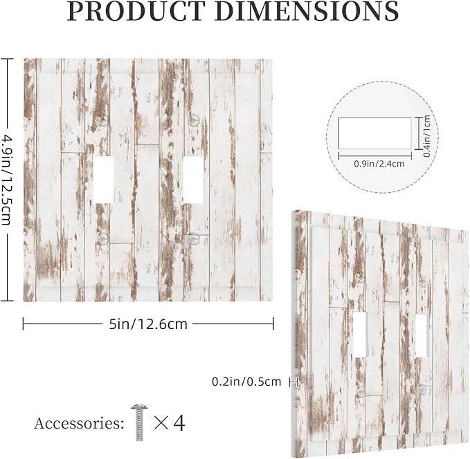 White Grey Wood 2 Gang Double Toggle Light Switch Cover Decorative Wall Plate Faceplate for Kids Boys Girls Bathroom Home Living Room Decor 5" x 4.9