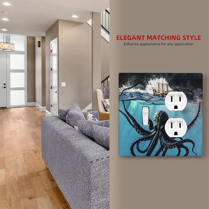 Decorative Outlet Covers Ocean Nautical Octopus Ship Funny Kraken 2 Gang Wall Plate Single Toggle Duplex Light Switch Cover Switch Plate Covers Faceplate for Bedroom Home Decor