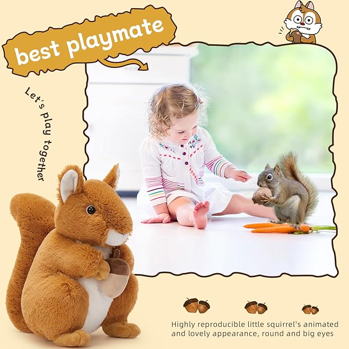BENINY 14“ Realistic Squrrile Stuffed Animal, Cute Squirrel Plush Toy with Holding Mini Acorn, Plushie Gift for Kids