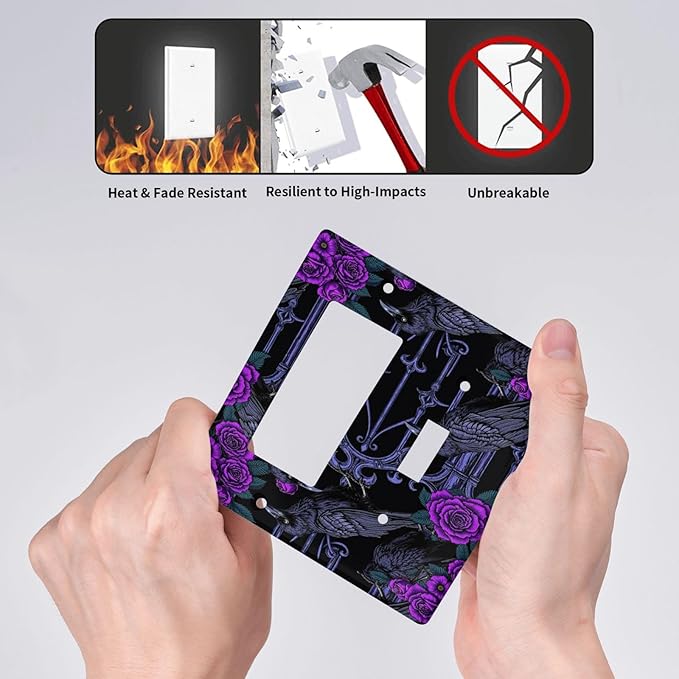 Outlet Covers Gothic Style Crow Purple Flowers 1 Toggle 1 Rocker Combination Decorative Wall Plate Light Switch Cover Plate Electrical Switch Plates for Bedroom living Room Decor