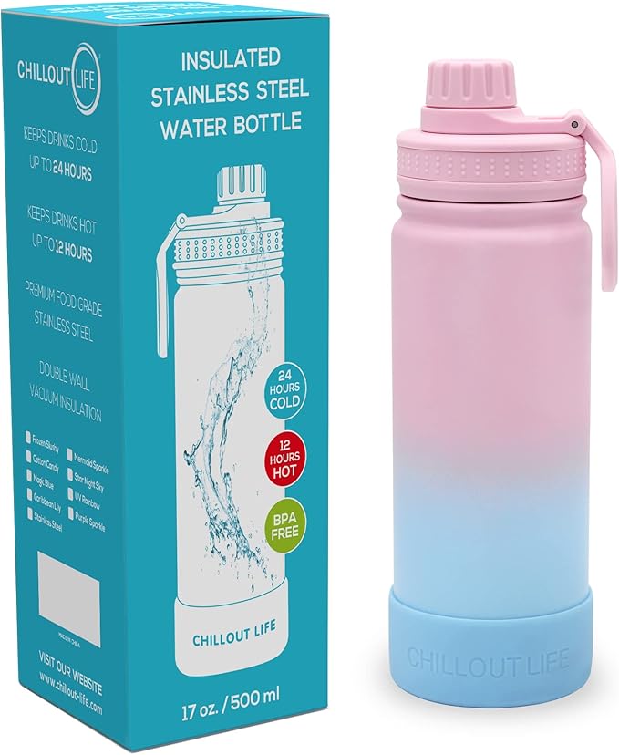 CHILLOUT LIFE 17 oz Kids Insulated Water Bottle for School with Leakproof Spout Lid and Cute Waterproof Stickers, Personalized Stainless Steel Thermos Flask Metal Water Bottle for Girls & Boys
