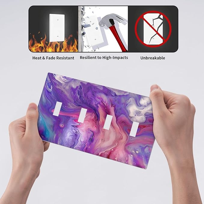 Liquid Marble Modern Abstract Texture Abstract Purple Paint Wall Art Light Switch Covers Quad Toggle 4 Gang Wall Plate Decorative Switch Plates Electrical Faceplate for Office Living Room Decor