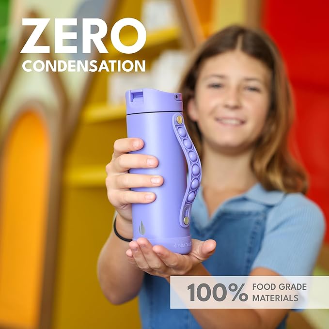 Elemental Iconic Kids Water Bottle for School - 100% Leak-Proof Insulated Water Bottles with Straw Lid & Pop-It Handle for Boys & Girls - Triple-Wall Insulated & BPA-Free, 14oz – Lavender
