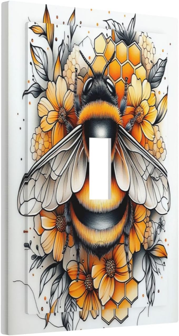 Decorative Light Switch Cover Bee Honeycomb Flowers Plant Leaves 1 Gang Single Toggle Device Electrical Faceplate Switchplates Decorator Outlet Wall Plate For Nursery Kids Room Decor