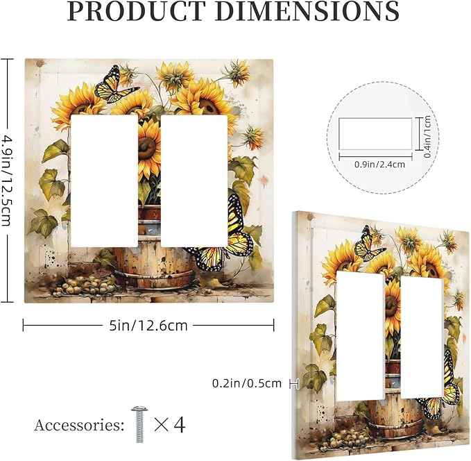 Decorative Outlet Covers Rustic Vintage Sunflower Bouquet Butterfly 2 Gang Double GFCI Rocker Electrical Wall Panels Light Switch Cover Plate for Farmhouse Cabin Decor