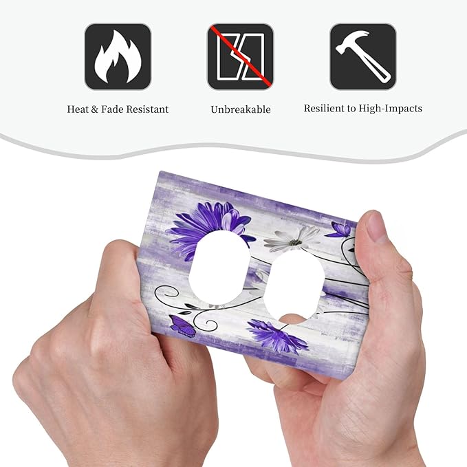 Purple Daisy Butterfly Boho White Floral 1 Gang Wall Plate Cover Receptacle Duplex Light Switch Cover Plate Single Dual Plug Covers Electrical Switchplate