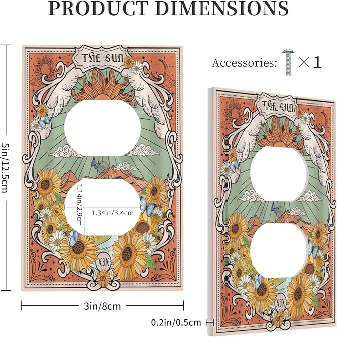 Boho Retro Sun Sunflower Vintage Flower Butterfly Outlet Covers 1 Gang Duplex Light Switch Cover Decorative Switch Plates Electrical Receptacle Faceplate Wall Plate for Farmhouse Home Decor