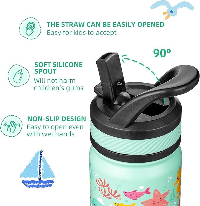Fanhaw 18 Oz Kids Insulated Water Bottle with Straw - Stainless Steel Double Wall Vacuum Cup, Leakproof, BPA Free, Suitable for Boys and Girls(Green - Octopus)