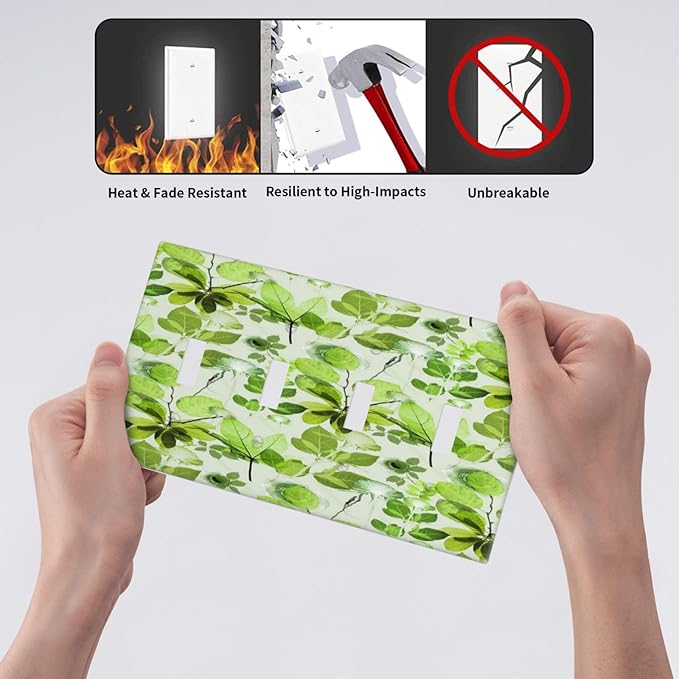 Green Leaves Spring Plant Floral Light Switch Covers Quad Toggle Electrical Faceplate 4 Gang Wall Plate Decorative Switch Plates for Bed Room Living Room Decor