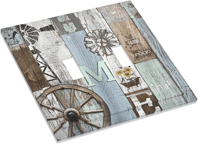 Rustic Western Barn Door Vintage Windmill Decorative Switch Plates 2 Gang Double Toggle Outlet Light Switch Cover Wall Plate Electrical Faceplate for Farmhouse Home Decor