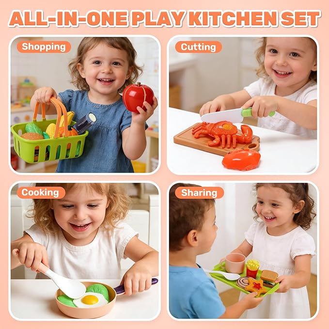 CUTE STONE 70+ PCS Kids Play Kitchen Accessories, Pretend Cooking Toys with Peelable & Cuttable Play Food, Cookware, Tableware & Utensils, Shopping Basket, Tray, Educational Gift for Girls & Boys