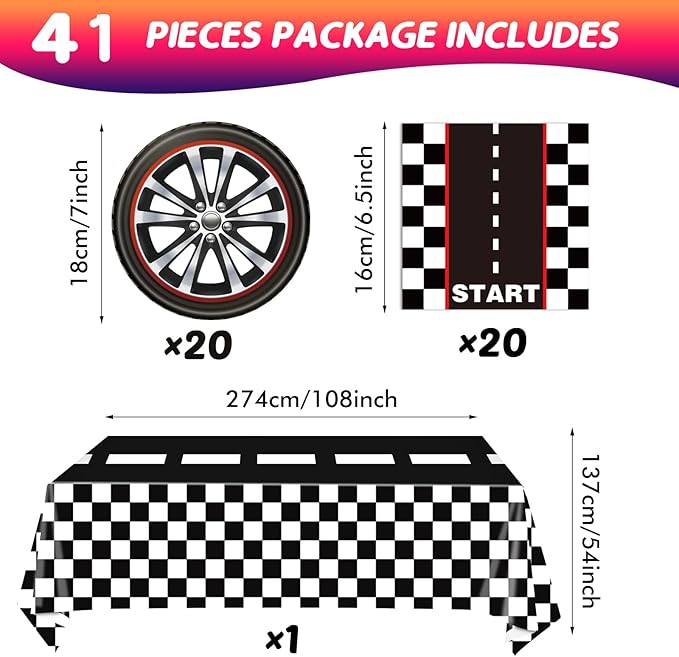 41Pcs Race Car Birthday Party Supplies Inckudes 20 Plates 20 Napkins and 1 Tablecloth, Racing Car Race Track Party Decorations Racing Sports Themed Dinnerware for Kids Boys Baby Shower Home Decor