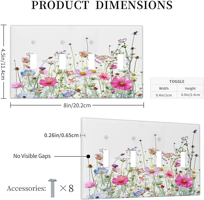 Light Switch Covers Boho Colorful Flowering Plant Wild Flower Quad Toggle Electrical Faceplate 4 Gang Wall Plate Decorative Switch Plates For Bed Room Living Room Decor