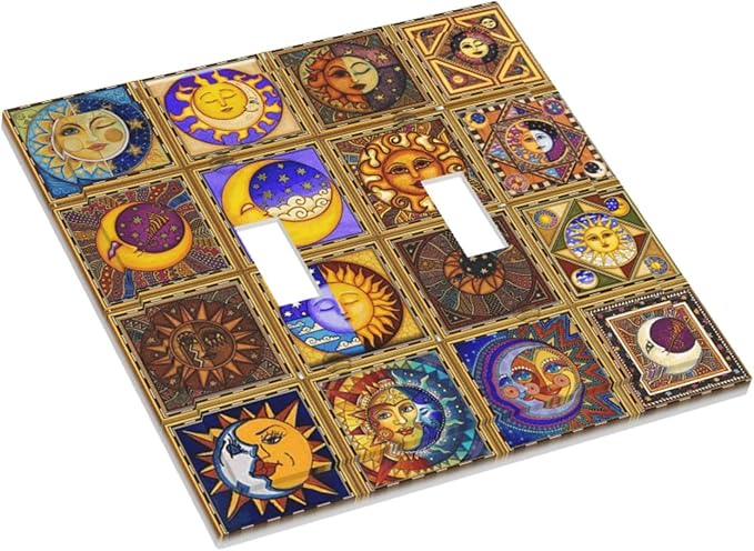 Mexican Talavera Tiles Star Pattern Celestials Theme Print Decorative Switch Plates 2 Gang Double Toggle Outlet Light Switch Cover Wall Plate Electrical Faceplate for Kitchen Home Decor