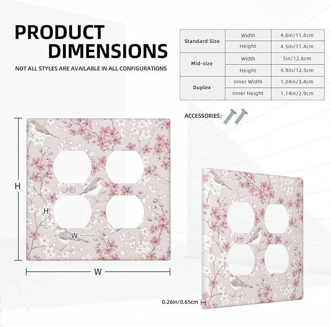 Pink Sakura Cherry Blossom Vintage Bird Floral Flower Outlet Covers 2 Gang Double Duplex Decorative Light Switch Covers Electrical Wallplates Socket Faceplate for Bedroom Living Room Decor