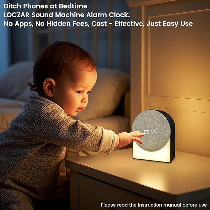 White Noise Machine Alarm Clock with Night Light, 4in1 Bluetooth Speaker & Natural Sounds – Portable Sleep Aid for Adults, Kids & Baby – Rechargeable, Timer, Dimmable Warm Light