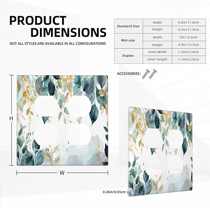 Boho Goldgreen Leaf Botanical Eucalyptus Leaves Outlet Covers 2 Gang Double Duplex Decorative Light Switch Covers Electrical Wallplates Socket Faceplate for Bedroom Living Room Decor