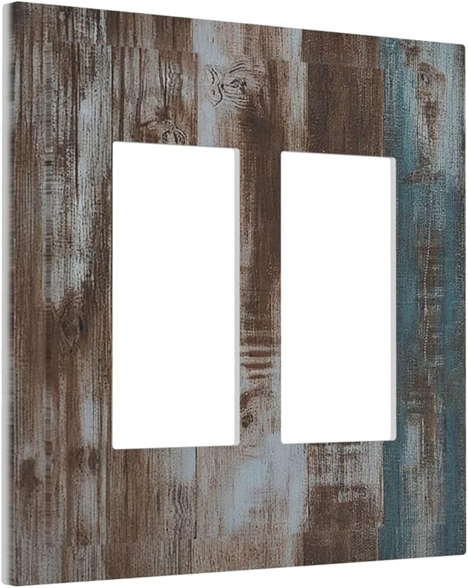 Vintage Blue Brown Wood Grain Decorative Outlet Covers 2 Gang Double Gfci Rocker Electrical Wall Panels Light Switch Cover Plate for Bedroom Farmhouse Decor