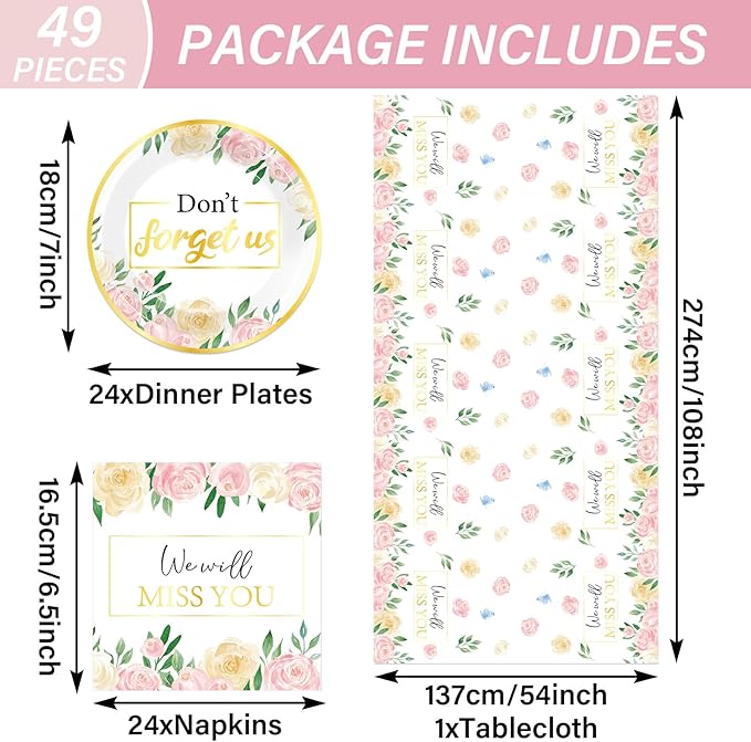 Floral Farewell Party Supplies Serves 24 We Will Miss You Paper Plates Napkins Retirement Decor Don't Forget Us Theme Tablecloth Set Tableware Kit for Goodbye Office Good Luck Going Away Party Favor