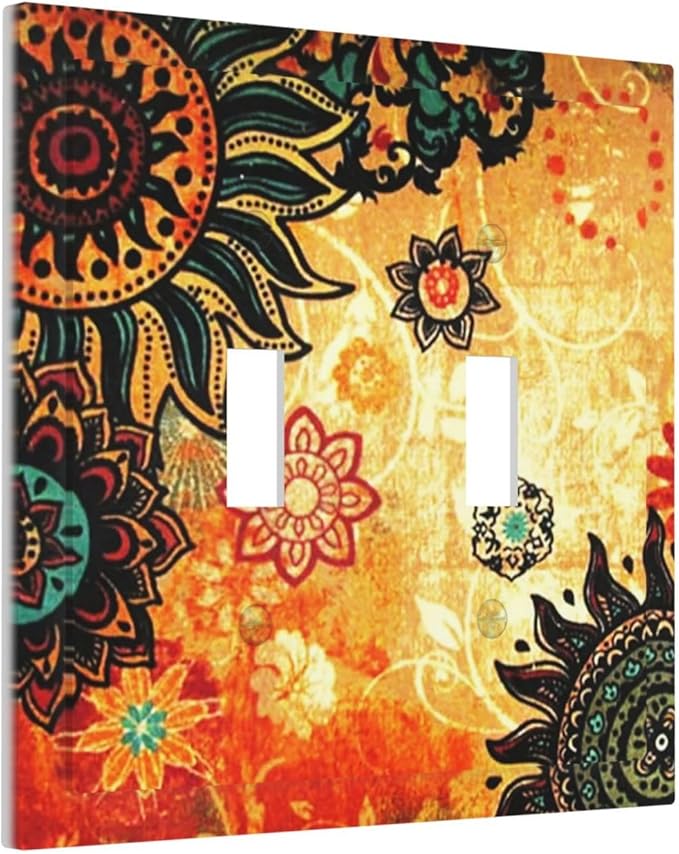 Red Mandala Boho Flower Toggle Light Switch Cover Contemporary Orange Retro Bohemian Floral 2-Gang Electrical Decorator Dual Device Face Wallplate Decorative Double Switch Plate Covers Bathroom Decor