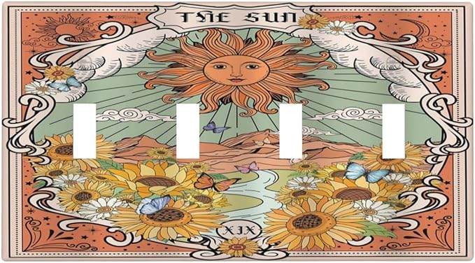 Boho Retro Sun Sunflower Vintage Flower Butterfly Light Switch Covers Quad Toggle Electrical Faceplate 4 Gang Wall Plate Decorative Switch Plates for Farmhouse Home Decor