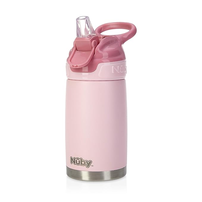 Nuby Thirsty Kids No Spill Flip-It Reflex Stainless Steel Travel Cup or Water Bottle - 10 Oz - 18+ Months - Pink - Back to School Essentials,(Pack of 12)