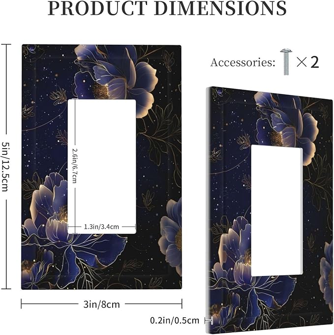 Navy Blue Floral Vintage Flower Dark Watercolor Decorative Outlet Covers 1 Gang Single Rocker Light Switch Cover Plate Wall Plates GFCI Faceplate for Bedroom Living Room Decor