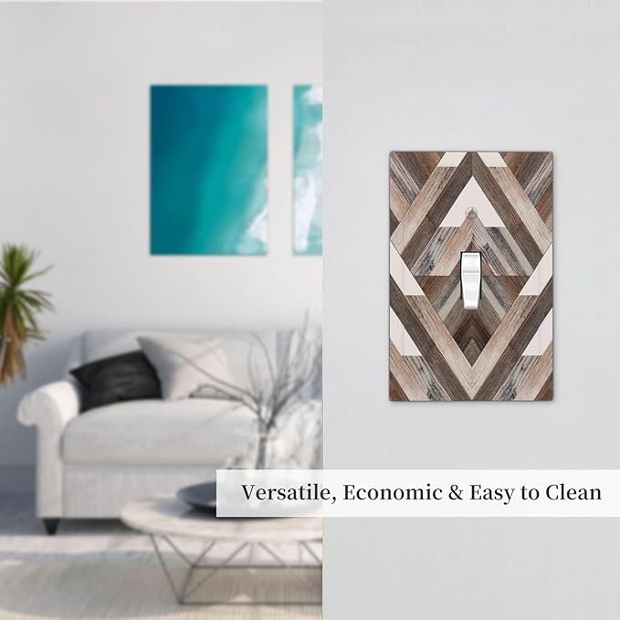 Polygon Collage Abstract Shapes Rustic Wood Panel Print Decorative Light Switch Cover 1 Gang Single Toggle Device Electrical Faceplate Switchplates Decorator Outlet Wall Plate for Farmhouse Bedroom