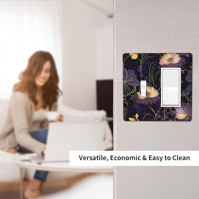 Modern Boho Vintage Gold Purple Dark Floral Modern Abstract Flowers Outlet Covers 1 Toggle 1 Rocker Combination Electrical Switch Plates Light Switch Cover Plate Decorative Wall Plate for Bedroom