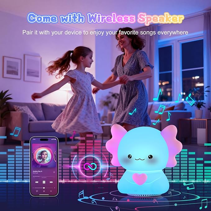 Kids Night Light with Wireless Speaker, Portable 7 Colors Dimmable Warm Touch Night Lamp with Remote Control, White Noise Machine for Baby Sleeping with Night Light