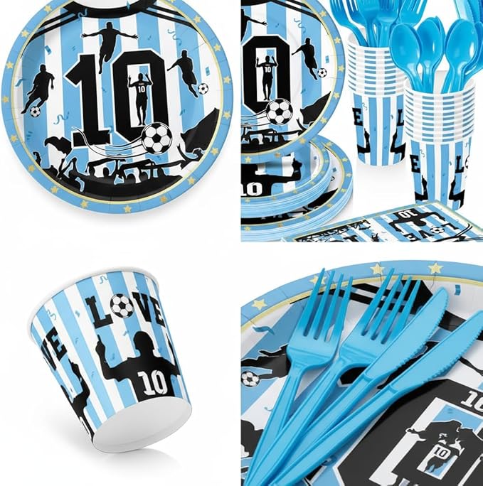 Soccer Star Party Supplies for Kids Birthday Party, Blue & White Legendary Football Star Party Decorations Disposable Tableware Set With Plates, Cups, Napkins & Cutlery for 24 Guests