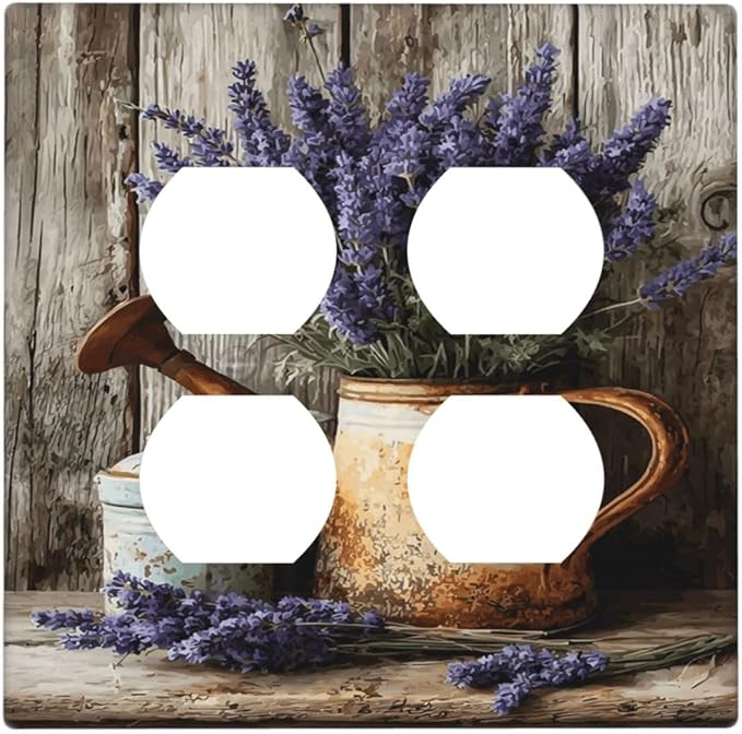 Rustic Flowers Lavender Purple Floral Oil Painting Outlet Covers 2 Gang Double Duplex Decorative Light Switch Covers Electrical Wallplates Socket Faceplate for Farmhouse Bedroom Decor
