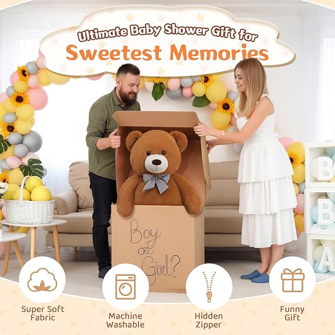 MorisMos Giant Brown Teddy Bear 4 FT, Classic Teddy Bear Plush Gift for Baby Shower Decoration Stuffed Animal for Girlfriend Boyfriend, 47 Inch